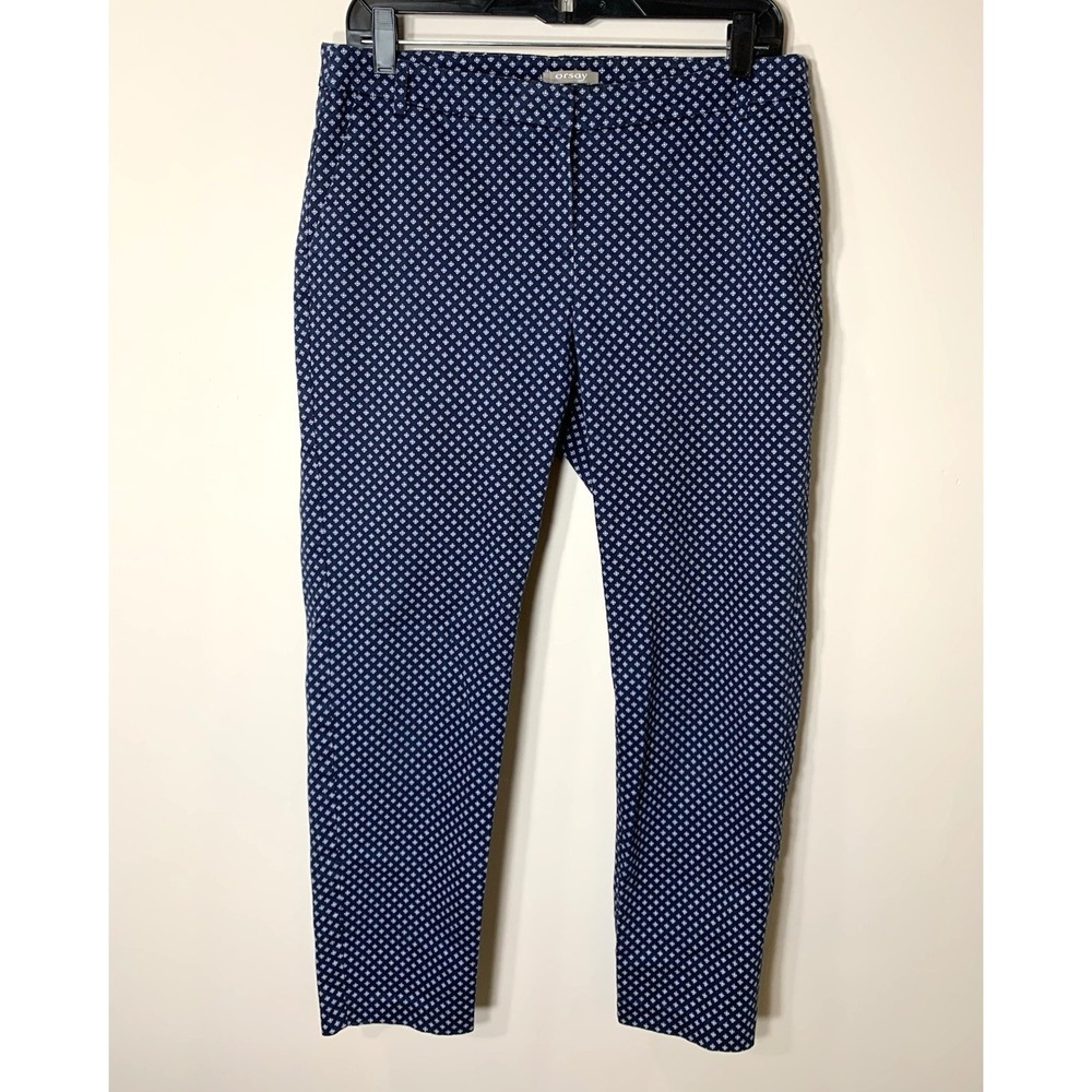 Orsay Pant Womens EU 40/ US 10 Navy Blue Print Chino Cotton‎ Stretch Slim Ankle
